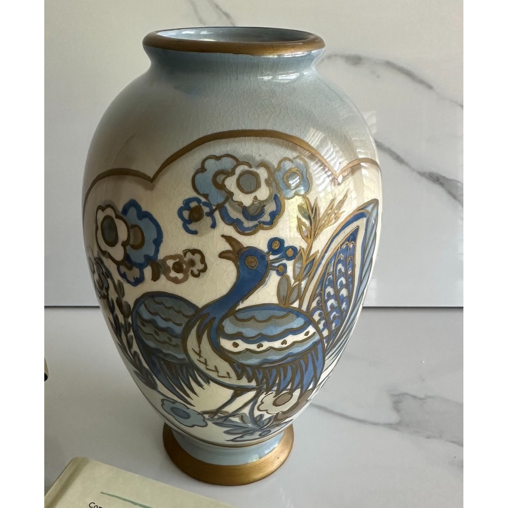 Studio Pottery Phoenix Vase Blue Gold Floral Crackle Glaze Ceramic 8.25"